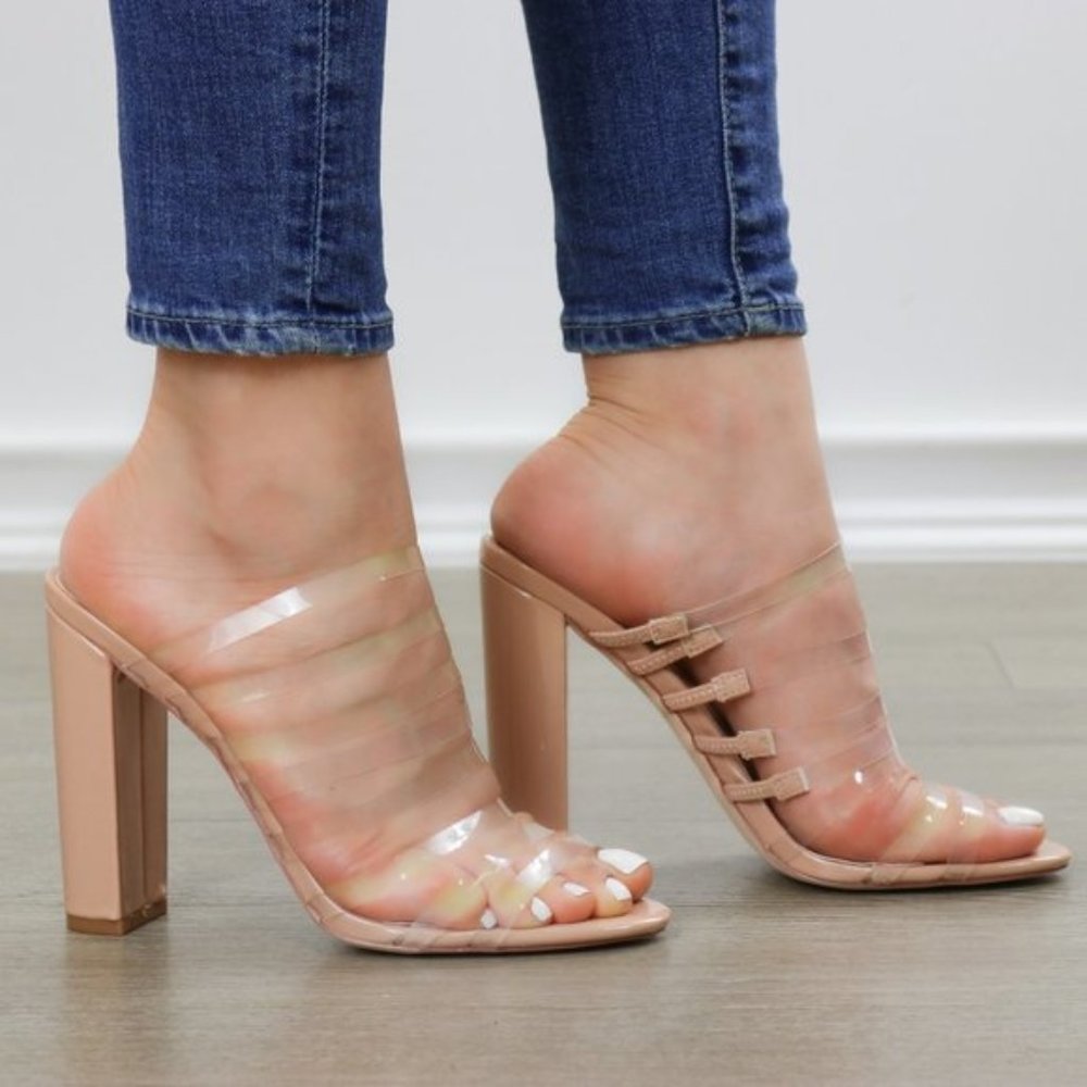 Nude & Clear Strappy Chunky Heel Open Toe Sandals